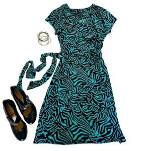 Nicole Miller Women's Dress Size Large Turquoise Black Animal Print Faux Wrap